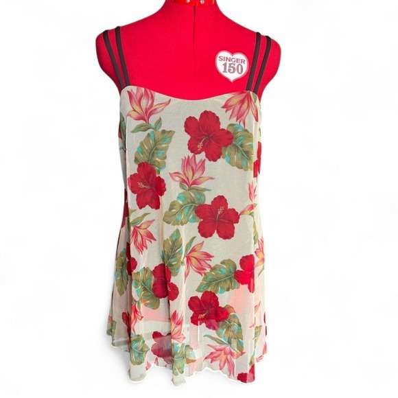 Other - Vintage One Piece Swimsuit Swim Dress red and white hibiscus floral mesh